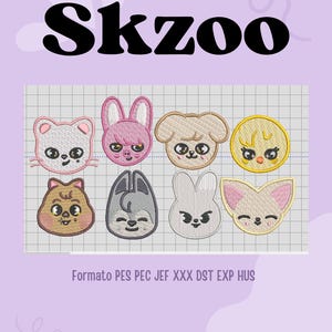 Puede incluir: Ocho parches bordados con diferentes personajes de animales. Los parches están en un patrón de cuadrícula sobre un fondo blanco con un patrón de cuadrícula. Los animales incluyen un gato, un conejito, un perro, un pollito, una ardilla, un lobo, un conejito y un zorro. El texto "Skzoo" está en la parte superior de la imagen en letras negras. El texto "Formato PES PEC JEF XXX DST EXP HUS" está en la parte inferior de la imagen.