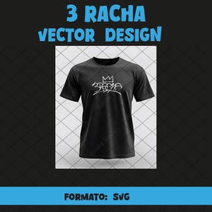 May include: A black t-shirt with a white graphic design of the word "3RACHA" with a crown above it. The text is in a stylized font.