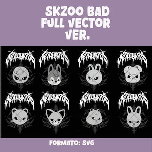 Puede incluir: Gráfico negro con ocho caras de animales de dibujos animados y el texto "SKZOO BAD FULL VECTOR VER." en blanco. Cada cara de animal tiene un diseño único, y el texto "FORMATO: SVG" está en la parte inferior.