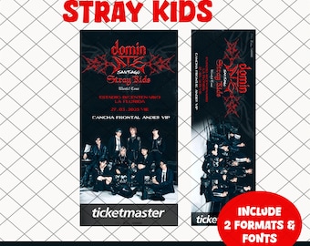 Könnte beinhalten: Editierbare Design-Ticketvorlage für ein Stray Kids Konzert in Santiago, Chile. Das Ticket zeigt ein Schwarzweißbild der Band mit dem Text "domin" und "Stray Kids" in einer gotischen Schriftart. Das Ticket enthält auch das Datum und den Ort des Konzerts sowie das Ticketmaster-Logo. Der Text "FORMATO: PSD" befindet sich am unteren Rand des Tickets.