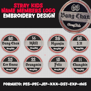 May include: Eight embroidered patches featuring the names and numbers of the members of the K-pop group Stray Kids. The patches are circular and have a black background with white text and red trim. The text on the patches includes the names "Bang Chan", "HAN", "Hyunjin", "J.N", "Lee Know", "Seungmin", "Felix", and "Changbin".