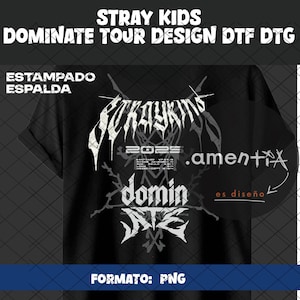 Puede incluir: Camiseta negra con un diseño gráfico blanco que presenta el texto "Stray Kids" en una fuente gótica, "2023", "domin" y ".amentix". El diseño también incluye una imagen estilizada de una calavera y huesos cruzados.