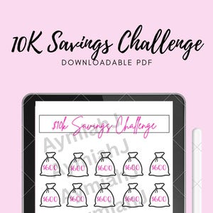 May include: A printable 10K Savings Challenge tracker with a black and white design. The tracker features 15 money bags with the text "£600" inside each bag. The text "10K Savings Challenge" is at the top of the tracker.