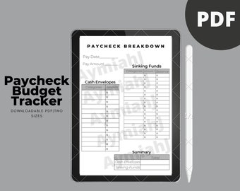 Könnte beinhalten: Ein schwarz-weißer druckbarer Budget-Tracker auf einem Tablet-Bildschirm. Der Tracker trägt den Titel "Paycheck Breakdown" und enthält Abschnitte für "Cash Envelopes", "Sinking Funds" und "Summary".