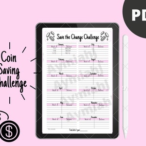 May include: A printable digital planner for a coin saving challenge. The planner is pink and white with a black and white illustration of coins at the top. The planner includes a section for each month of the year, with space to track the week of the month and the balance saved.