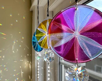 Stained Glass Suncatcher Mandala with Prisms and Quartz