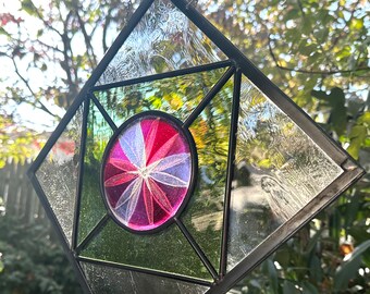 Stained Glass Window Hanging, Mandala Suncatcher, Holographic Flower