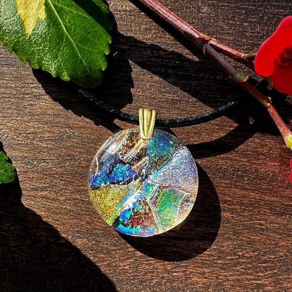 Cosmos Mandala Dichroic Glass Necklace with Silver or Gold
