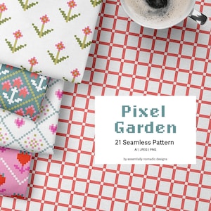 May include: A stack of fabric samples with pixelated floral and geometric patterns in pink, green, and blue. The patterns include flowers, hearts, and anchors. The image also includes a cup of coffee and a sign that says "Pixel Garden".