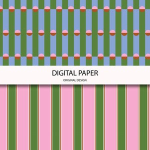 May include: Digital paper with two distinct patterns. The top pattern features vertical green and blue stripes with pink half-circles. The bottom pattern has vertical pink and green stripes. The text "DIGITAL PAPER" is displayed.