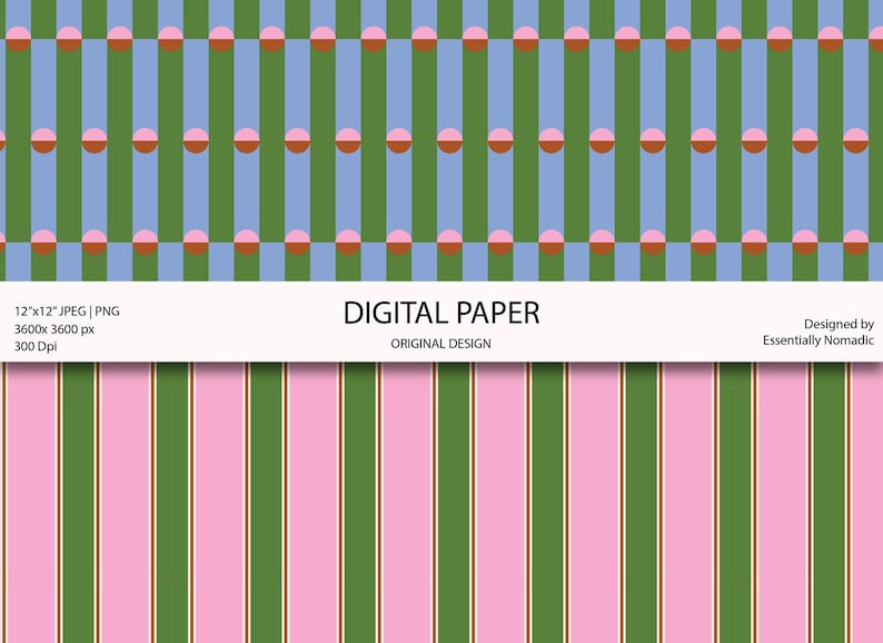 May include: Digital paper with two distinct patterns. The top pattern features vertical green and blue stripes with pink half-circles. The bottom pattern has vertical pink and green stripes. The text "DIGITAL PAPER" is displayed.