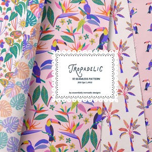 Tropical Digital Paper Pack, Funky Summer Seamless Patterns, Colorful Pastel Leaves Toucan Flamingo Backgrounds for Fabric