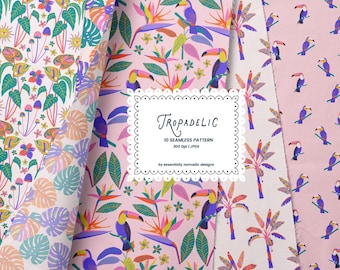Tropical Digital Paper Pack, Funky Summer Seamless Patterns, Colorful Pastel Leaves Toucan Flamingo Backgrounds for Fabric