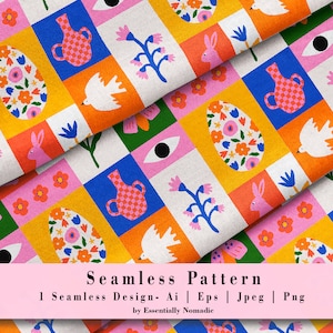 May include: A seamless pattern featuring a colorful patchwork design with various Easter-themed elements, including eggs, bunnies, flowers, and birds. The pattern is set against a white background and is perfect for creating festive crafts and decorations.