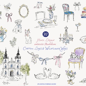 Château Days French Countryside Clipart, 92 Hand Drawn Watercolor Illustration, Cottagecore Whimsical Doodle Ink Sketch, Wedding Invitation