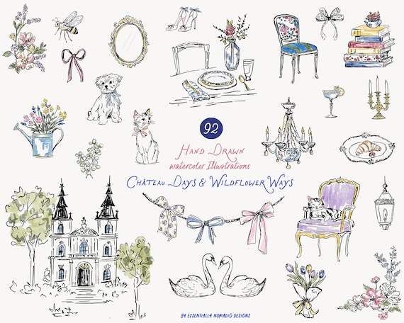 Château Days French Countryside Clipart, 92 Hand Drawn Watercolor Illustration, Cottagecore Whimsical Doodle Ink Sketch, Wedding Invitation