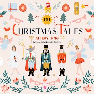Conjunto de clipart de quebra-nozes, designs de férias de balé, clipart de Natal brilhante, menina bailarina, clipart de inverno, arquivos vetoriais PNG do Rei Cavalo Rato