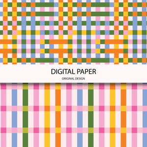 May include: Digital paper with a colorful plaid pattern. The design features a repeating pattern of squares and stripes in shades of pink, blue, green, orange, and yellow. The text "DIGITAL PAPER" is displayed on a white banner.