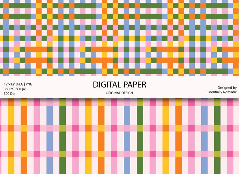 May include: Digital paper with a colorful plaid pattern. The design features a repeating pattern of squares and stripes in shades of pink, blue, green, orange, and yellow. The text "DIGITAL PAPER" is displayed on a white banner.