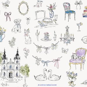 May include: An illustration featuring various elements of a vintage aesthetic. It includes a church, a dog, a cat, a chandelier, a chair, a table setting, a bouquet of flowers, and other decorative items. The color palette is soft, with watercolor-style details.