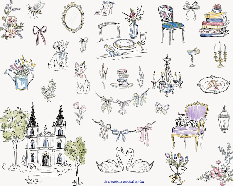 May include: An illustration featuring various elements of a vintage aesthetic. It includes a church, a dog, a cat, a chandelier, a chair, a table setting, a bouquet of flowers, and other decorative items. The color palette is soft, with watercolor-style details.