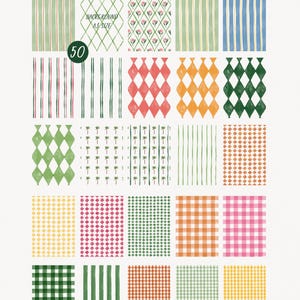 May include: A collection of 20 patterned paper designs in various styles. The designs include stripes, diamonds, palm trees, and gingham patterns in colors such as green, orange, pink, and yellow. The text "TROPICAL ESCAPE DIY CARD & INVITE KIT" is at the top.