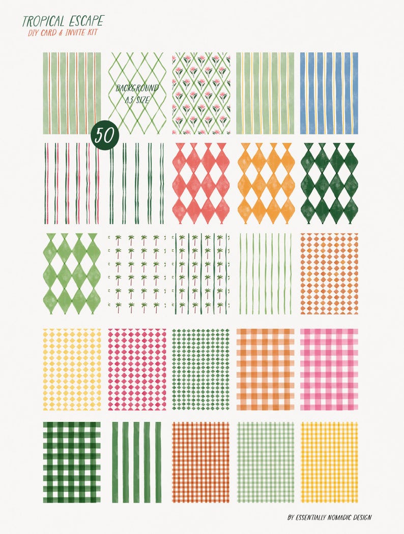May include: A collection of 20 patterned paper designs in various styles. The designs include stripes, diamonds, palm trees, and gingham patterns in colors such as green, orange, pink, and yellow. The text "TROPICAL ESCAPE DIY CARD & INVITE KIT" is at the top.