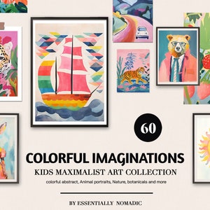 60 Kids Eclectic Wall Art, Maximalist Poster, Printable Nursery Gallery Wall, Gender Neutral Print, Animal Portraits, Colorful Nursery Decor