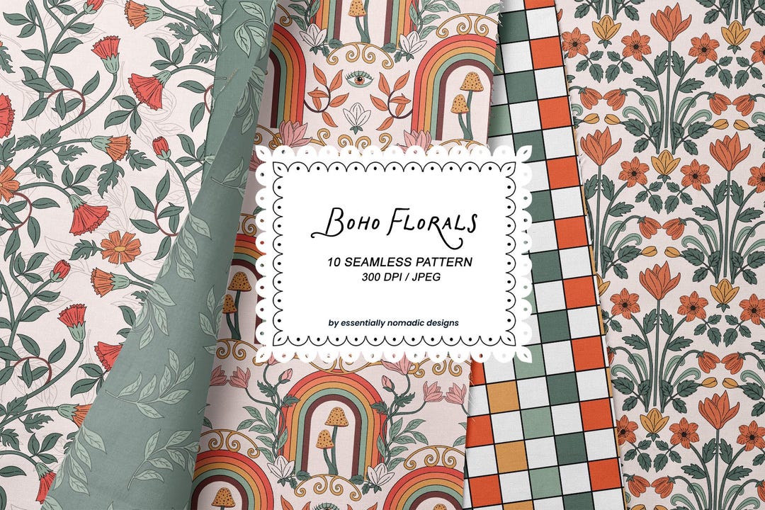 Boho Floral Seamless Digital Paper, Cottagecore Retro Mushroom & Flower ...