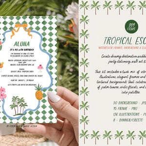 May include: A tropical-themed invitation with the word "Aloha" and event details. The design features a green and white checkered background, palm trees, and illustrations of tropical drinks and a pineapple. The kit includes watercolor frames, backgrounds, and illustrations.