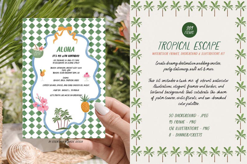 May include: A tropical-themed invitation with the word "Aloha" and event details. The design features a green and white checkered background, palm trees, and illustrations of tropical drinks and a pineapple. The kit includes watercolor frames, backgrounds, and illustrations.