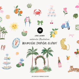 Set di acquerelli clipart estivi - Icone costiere dipinte a mano, scarabocchi tropicali con palme, inviti di nozze, menù, branding
