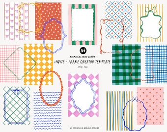 Watercolor Whimsical Doodle Frame: Hand-Drawn Strip Checkered Invitation Backgrounds, Wavy Scribble Scalloped Borders for Menu Card Design