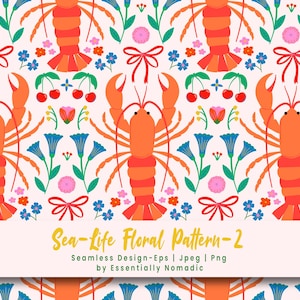 Padrão sem emenda de lagosta, papel digital do mar, fundo com padrão floral, padrão digital de verão vibrante maximalista para tecido, padrão infantil