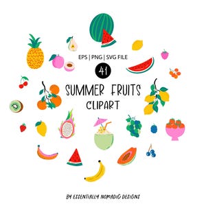 Clipart Fruits d'été mignon, fruits tropicaux frais banane fraises pastèque ananas, sticker numérique icône de nourriture d'été dynamique PNG SVG