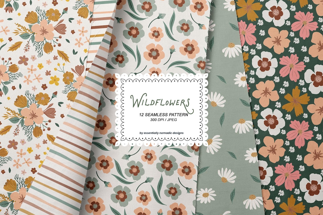 Wildflower Seamless Pattern Collection, Vintage Meadow Floral Digital ...