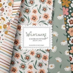 Collezione di motivi senza soluzione di continuità con fiori selvatici, carta digitale floreale vintage con prato, stampe ripetute su tessuto botanico boho cottagecore