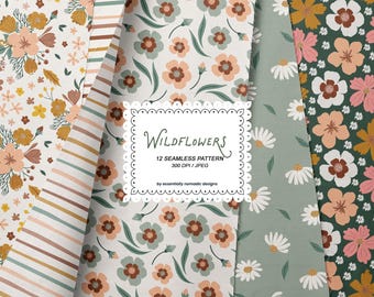 Wildblumen Musterdesign-Kollektion, Vintage Meadow Blumen Digitales Papier, Cottagecore Boho Botanischer Stoff-Wiederholungsdruck
