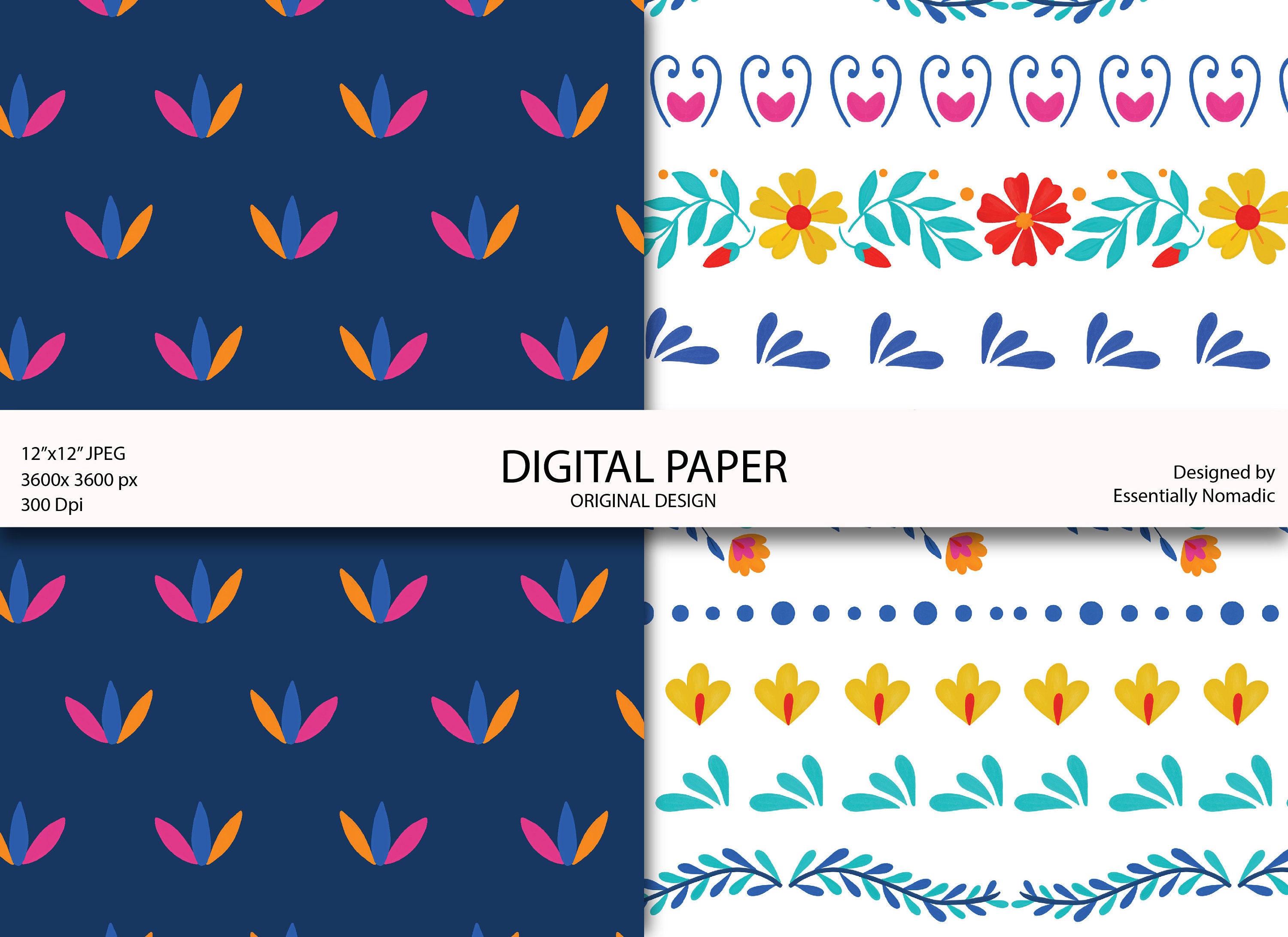 Fiesta Folk Floral Seamless Pattern Set, Colorful Mexican Digital Paper ...