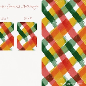 May include: A vibrant, tileable seamless background design. The pattern features overlapping brushstrokes in shades of green, yellow, orange, and red on a white background. The design includes two tile samples and a larger pattern display, with text that reads "Tileable Seamless Background".