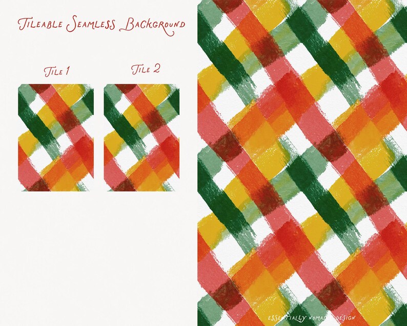 May include: A vibrant, tileable seamless background design. The pattern features overlapping brushstrokes in shades of green, yellow, orange, and red on a white background. The design includes two tile samples and a larger pattern display, with text that reads "Tileable Seamless Background".
