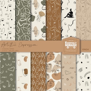 Papel digital abstracto, patrón sin costuras de arte de línea, fondo moderno, figuras femeninas femeninas se enfrenta al dibujo de líneas, papel scrapbook