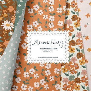 Meadow Floral Seamless Patterns, Wildflower Botanical Digital Paper for Fabric Wallpaper, Boho Repeating flower print