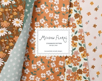 Meadow Floral Seamless Patterns, Wildflower Botanical Digital Paper for Fabric Wallpaper, Boho Repeating flower print