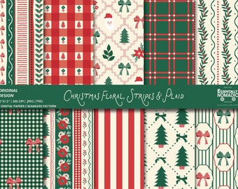 Vintage Christmas Floral Stripes & Plaid Digital Paper, 10 Seamless Patterns for Red Green Holiday Scrapbook Paper, Xmas Backgrounds