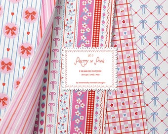 Coquette Valentine Seamless Patterns, Rosetter Hjärtan Ginghamrutor, Blommiga Ränder, Digitalt Papper, Barnrumstryck med Tyg