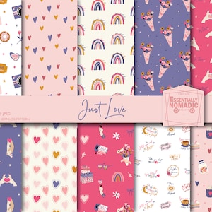 Valentines digital paper, Hygge romantic seamless pattern of hearts rainbow,Love printable paper pink purple for scrapbook,digital download