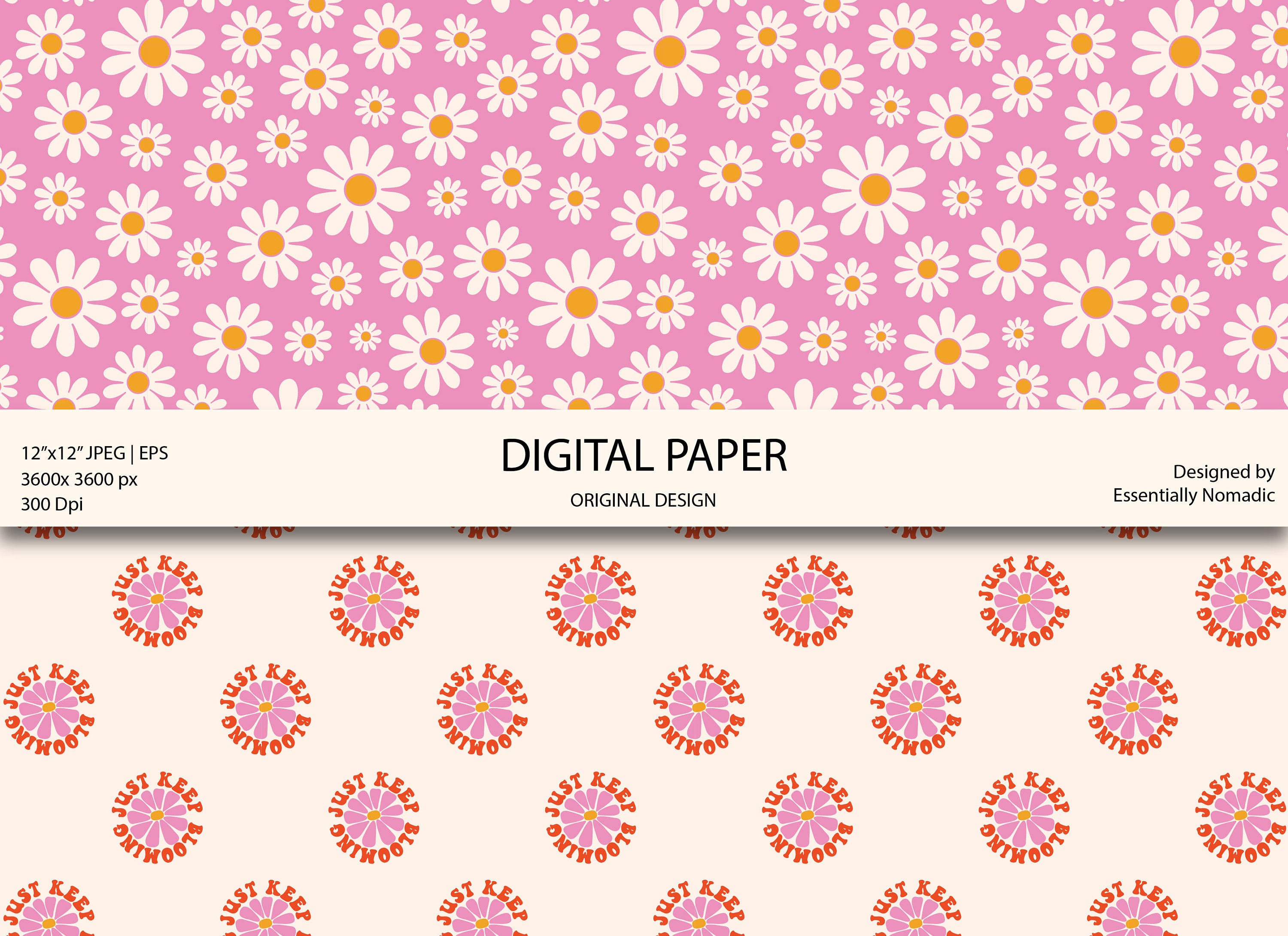 Pink Red Groovy Floral Digital Paper, Retro Seamless Patterns for ...