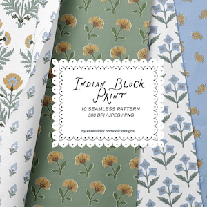 Op de afbeelding: Een verzameling Indiase blokdrukpatronen in verschillende kleuren. De patronen omvatten bloemen- en paisley-ontwerpen in tinten geel, blauw en groen. De afbeelding bevat ook een decoratief kader met de tekst "Indian Block Print".