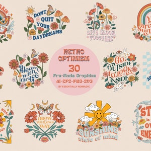 Retro Graphics Bundle, Retro Sublimation Png Files Svg Tshirt print, Groovy designs Hippie svg bundle shirt Positive quote Svg Trendy svg